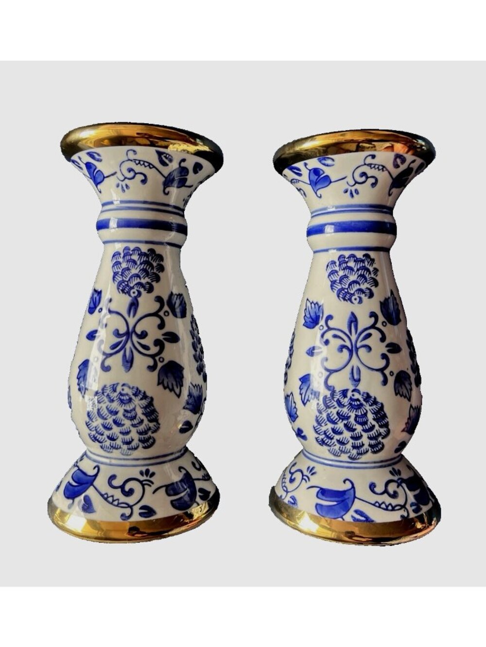 PAIR Chinoiserie Taper Candlestick Blue & White Holder 9.25"H  Porcelain Floral
